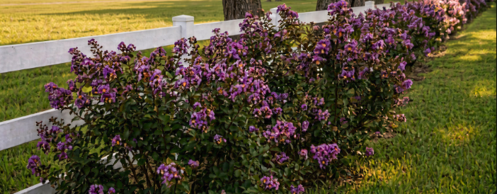 White vinyl fence lined with purple crepe myrtle blooms at Ocala Landing Mobile Home Park